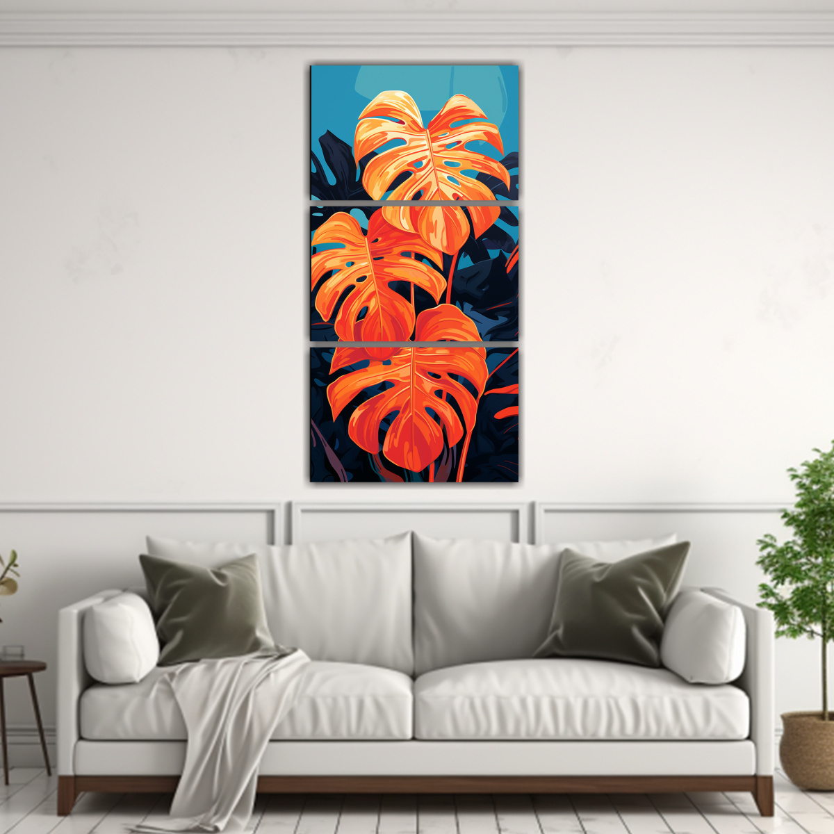 cuadros-de-tela-monstera-en-tonos-rojo-y-naranja-estilo-neonoir-1