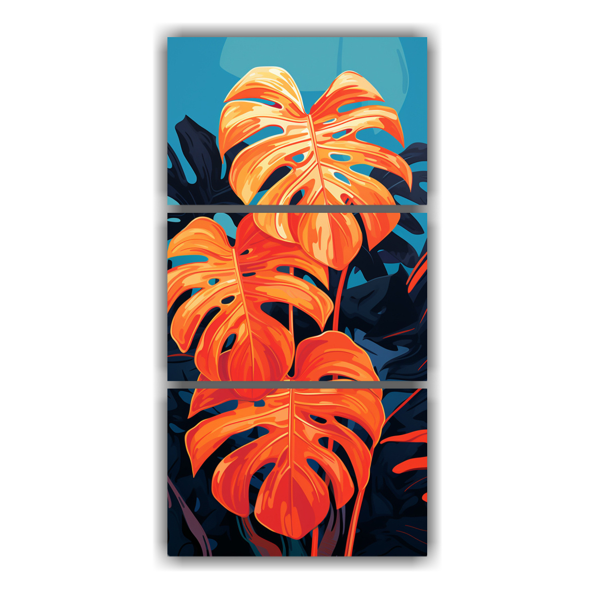 cuadros-de-tela-monstera-en-tonos-rojo-y-naranja-estilo-neonoir