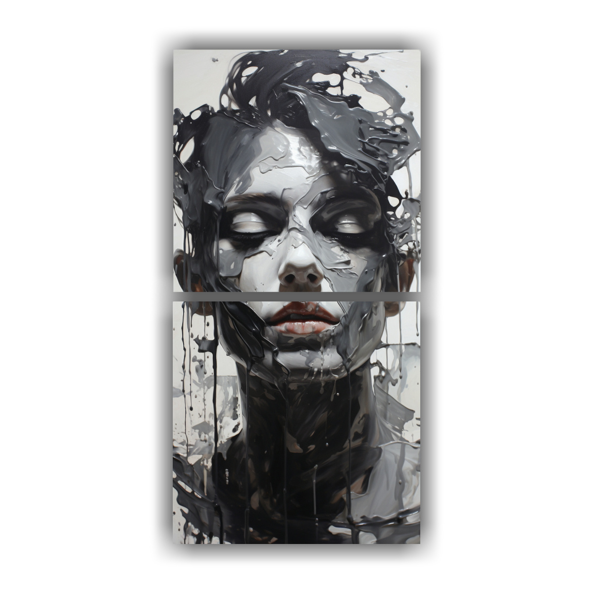 cuadros-decorativos-con-contornos-faciales-y-salpicaduras-plateadas-y-negras-en-lienzo