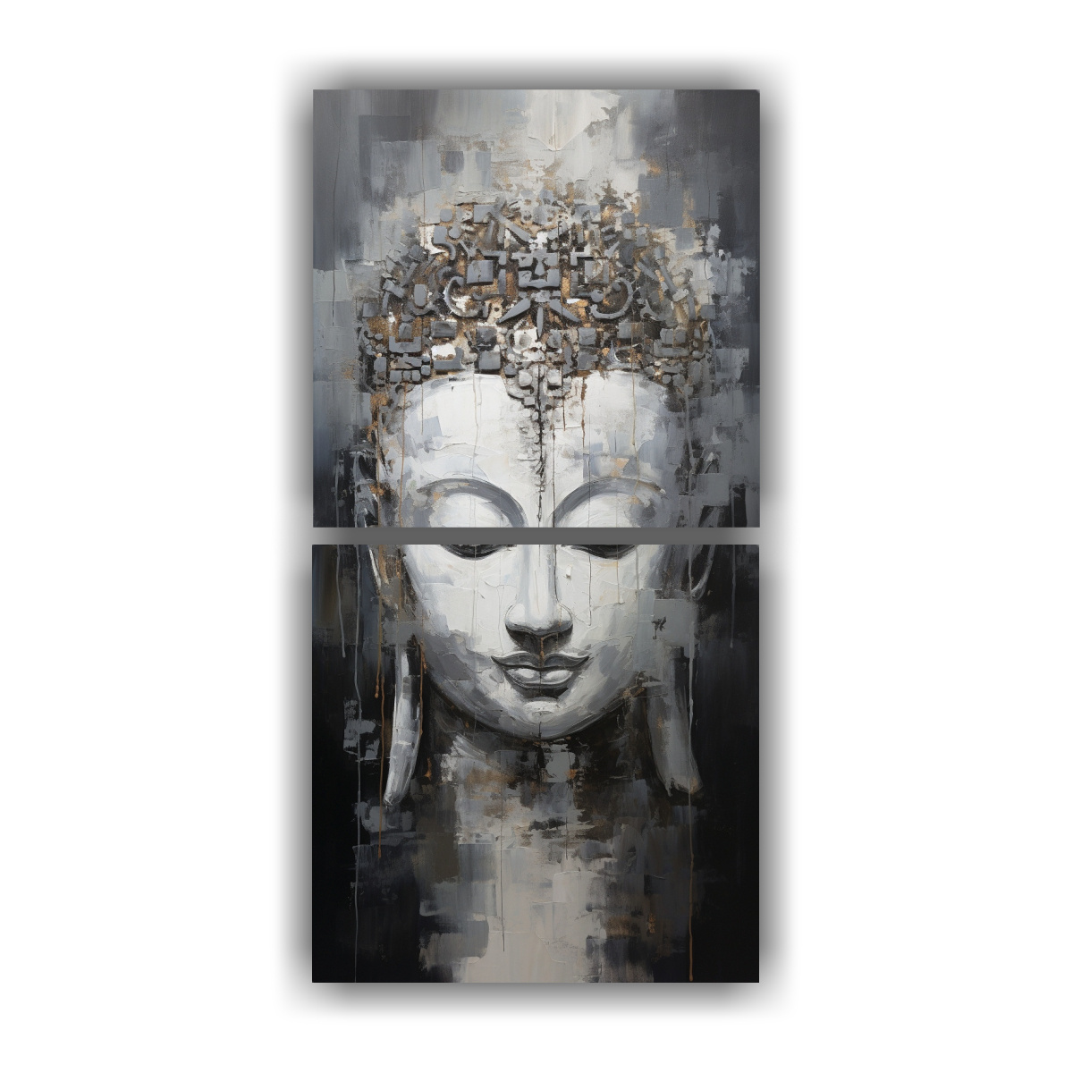 dos-cuadros-en-bastidor-decoraci-n-enigm-tica-buddha-face-oil-estilo-abstracto-plata-y-blanco