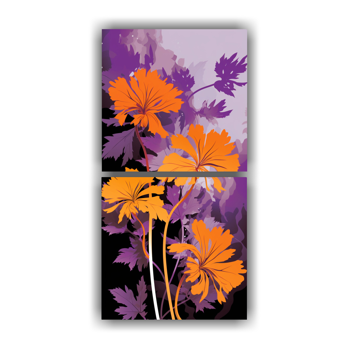 dos-lienzos-de-tela-decorativo-con-hierbas-de-cilantro-en-colores-p-rpura-y-naranja-atmosfera-neonoir