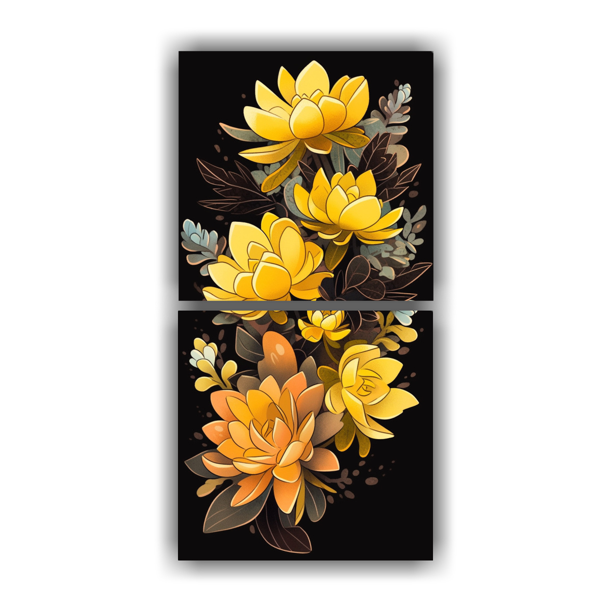 dos-pinturas-de-arte-de-pared-movimiento-street-art-con-suculentas-flores-en-colores-amarillos-y-atmosfera-neonoir