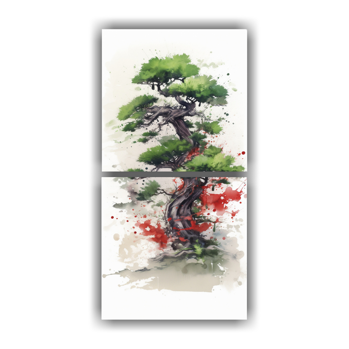 pintura-abstracta-de-dos-cuadros-elegantes-de-un-rbol-bons-i-de-pino-en-colores-verde-y-rojo