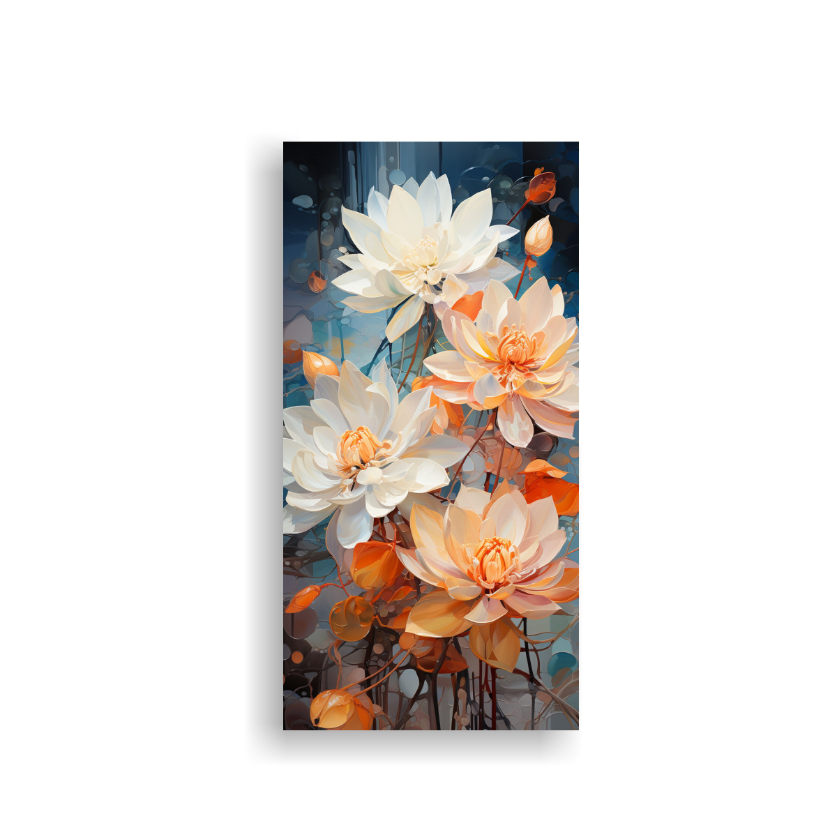 pintura-abstracta-de-flores-de-loto-naranja-y-azules-en-lienzo