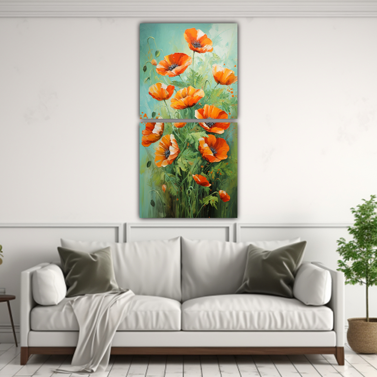 cuadro-abstracto-de-flores-en-verde-y-naranja-para-decorar-el-ba-o
