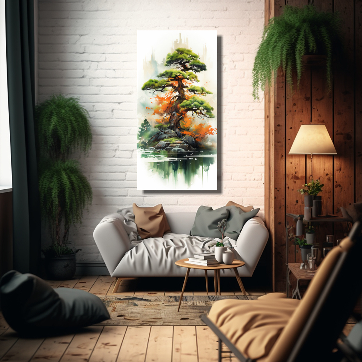 pintura-abstracta-de-rbol-bons-i-de-pino-en-colores-verde-y-naranja-en-canva-1