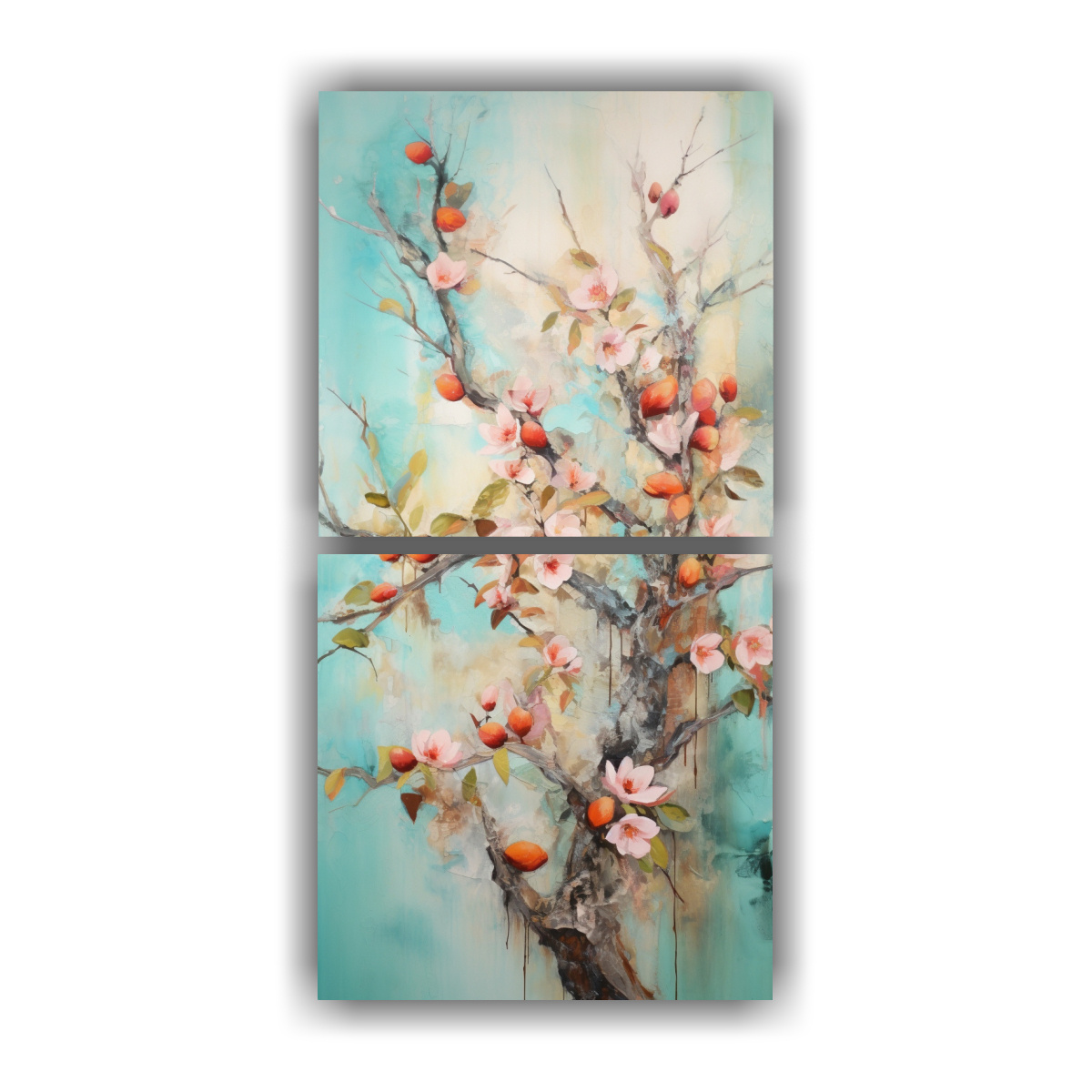 pintura-abstracta-en-acuarela-en-colores-turquesa-de-un-rbol-de-durazno-con-dos-lienzos
