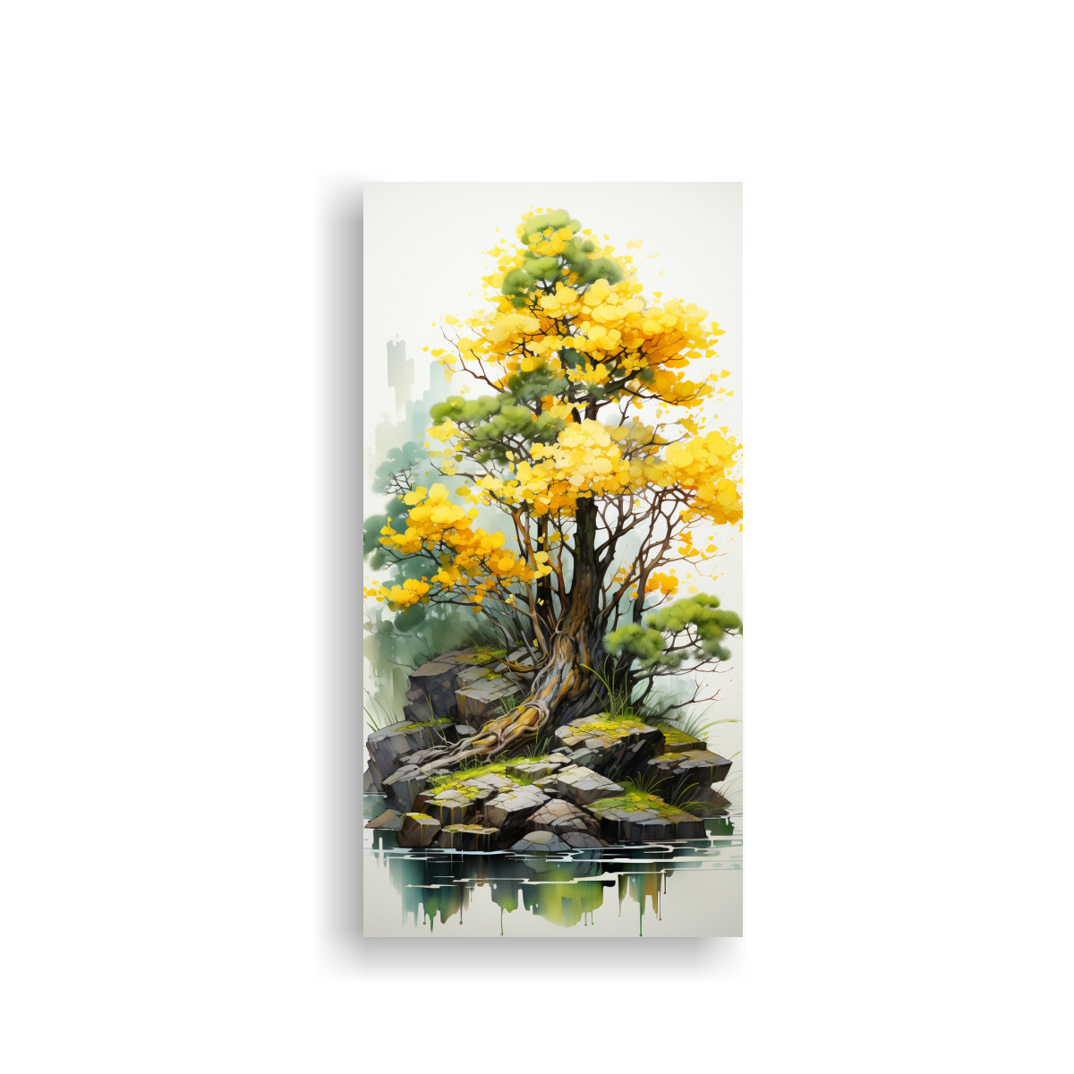 pintura-abstracta-en-bastidor-con-rbol-bons-i-de-abedul-en-colores-amarillo-y-verde