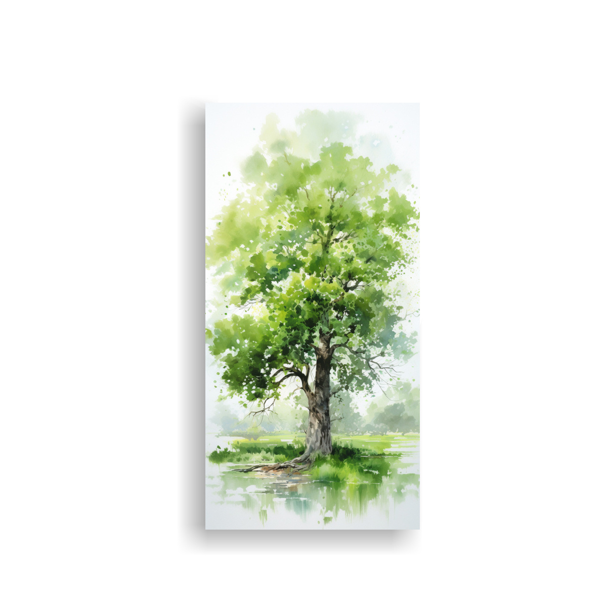 pintura-acuarela-en-bastidor-de-rbol-de-roble-verde-y-blanco