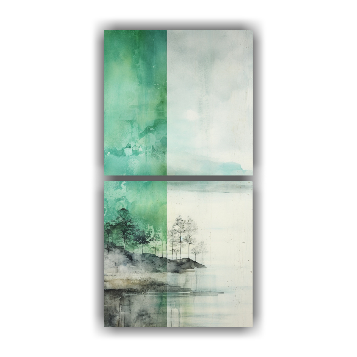 pintura-de-dos-lienzos-con-motivo-en-colores-verde-teal-y-plateado