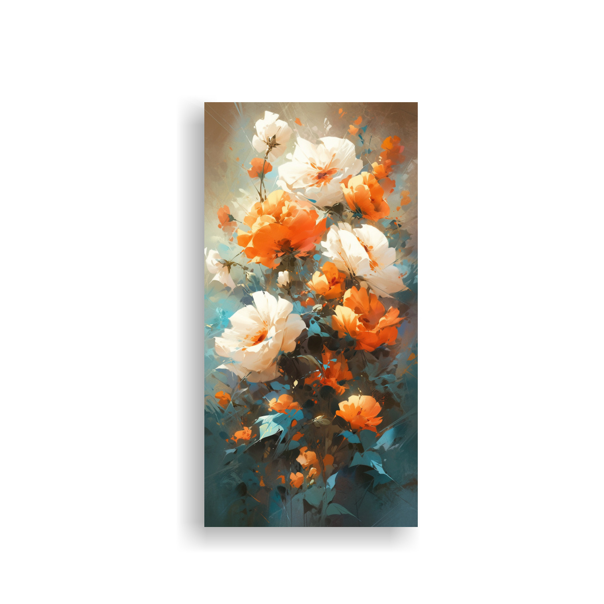 pintura-de-flores-en-lienzo-en-tonos-turquesa-y-naranja-con-relieve