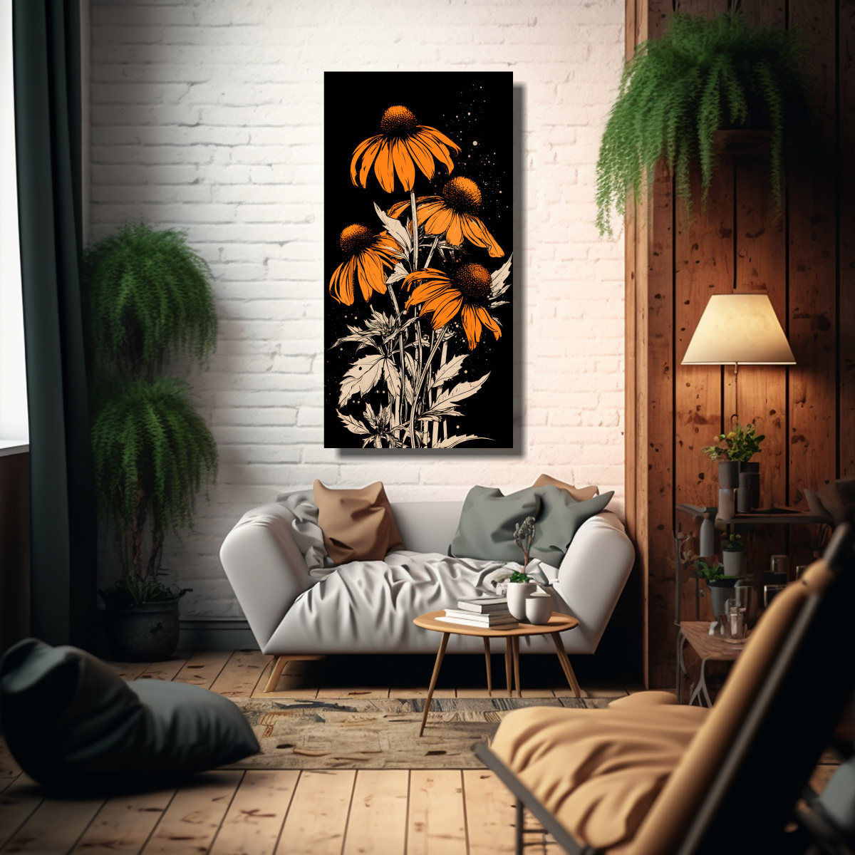 pintura-de-lienzo-vertical-con-equilibrada-composici-n-de-c-mulos-de-coneflower-en-colores-naranja-y-negro-neonoir-1