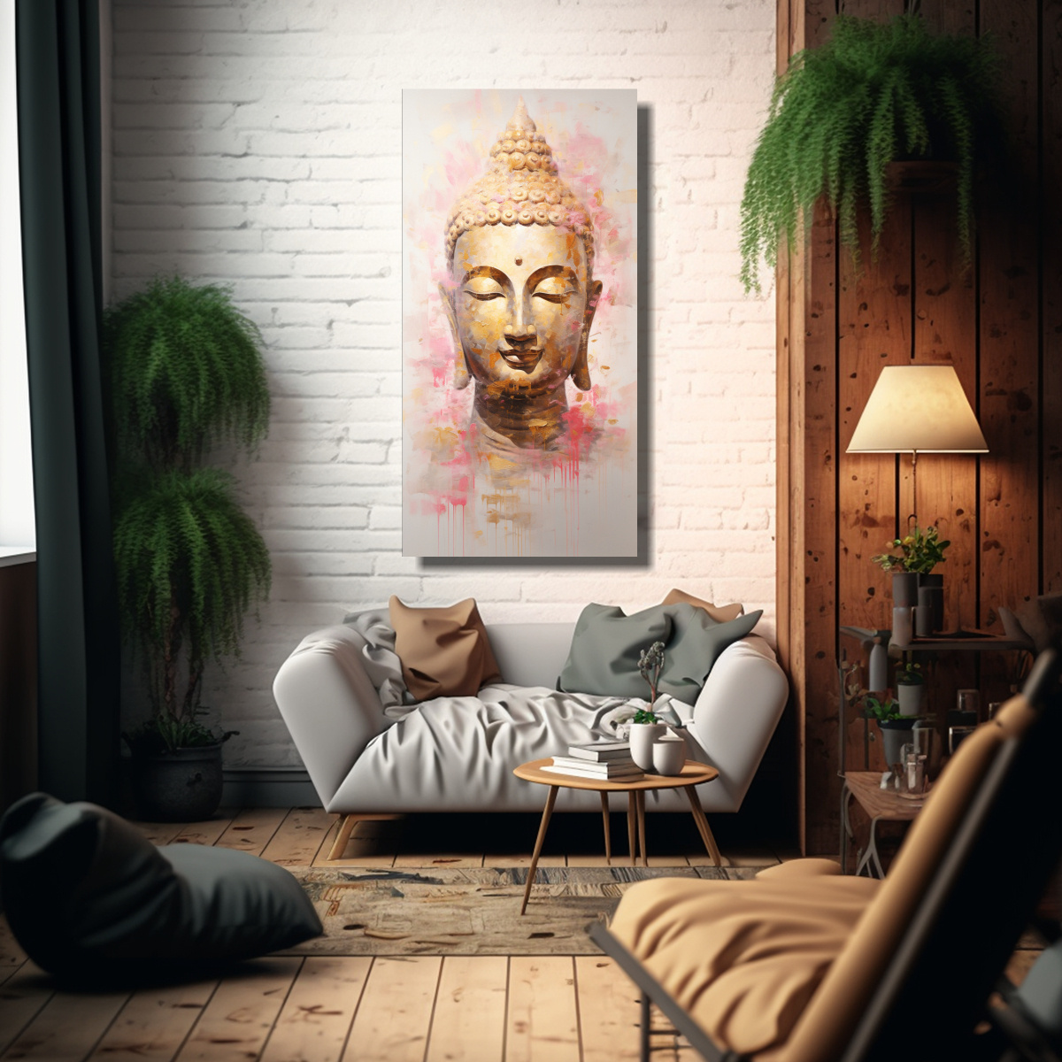 pintura-decorativa-abstracta-estilo-oro-y-rosa-con-rostro-de-buda-en-el-espacio-1