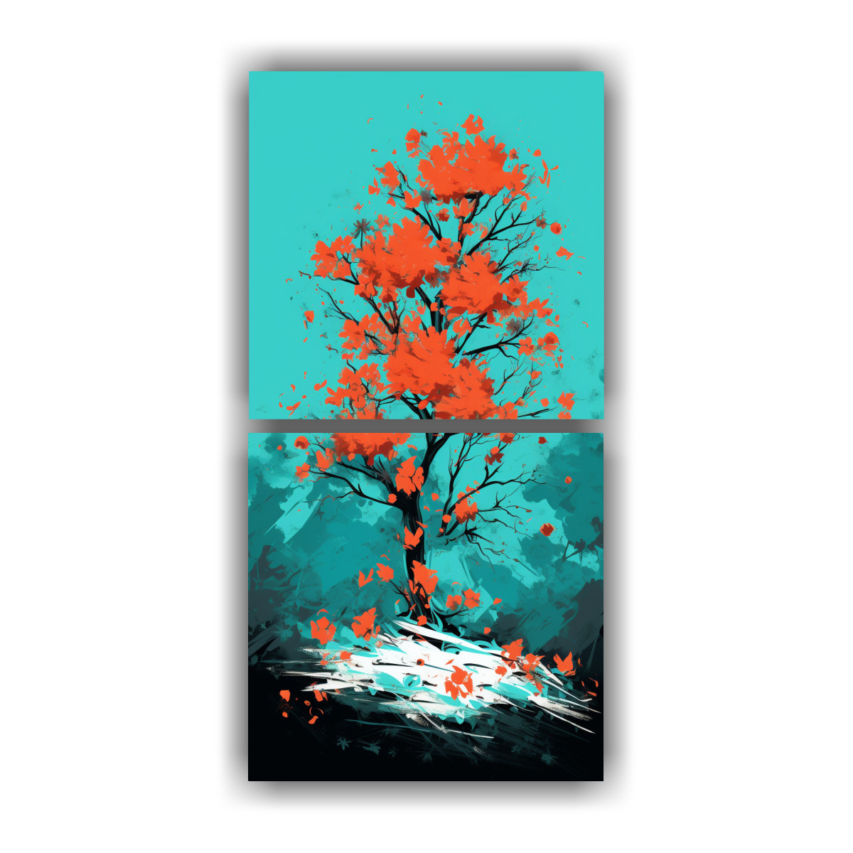 pintura-decorativa-de-dos-lienzos-de-tela-con-movimiento-reflejo-en-un-rbol-de-naranja-en-colores-rojo-y-turquesa-con-atm-sfera-neonoir