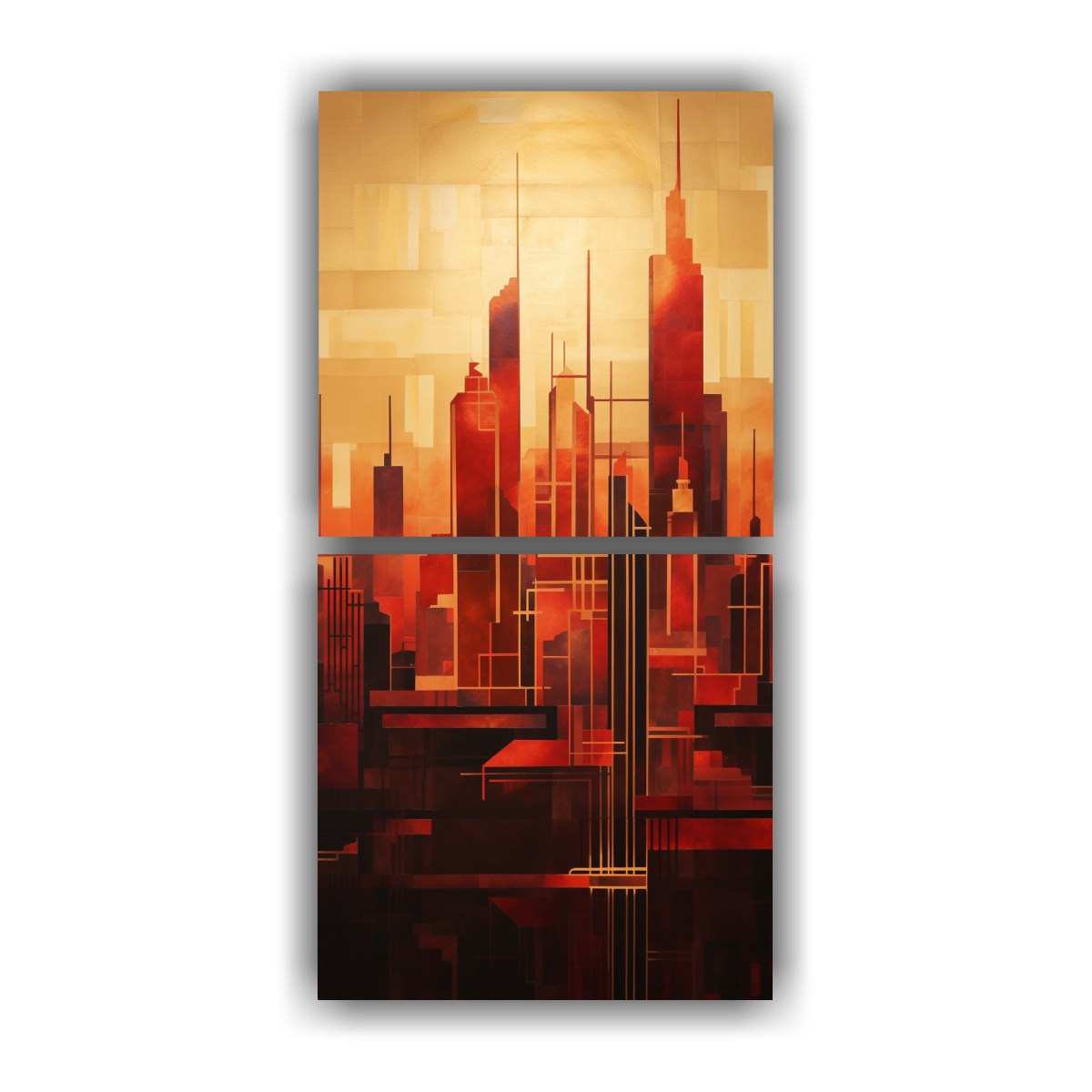 pintura-diptico-de-paisaje-urbano-al-amanecer