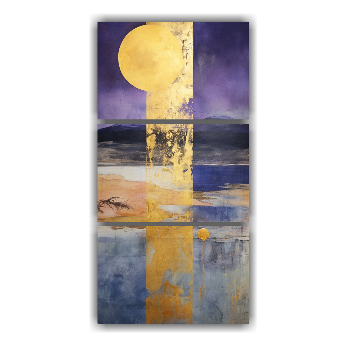 pintura-en-bastidor-tres-telas-finas-de-l-neas-coloridas-en-morado-verde-y-oro