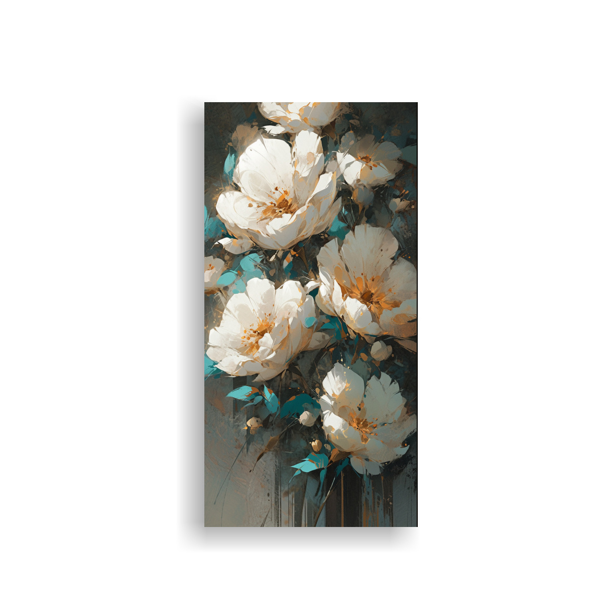 pintura-en-lienzo-de-flores-turquesa-y-dorado-con-finas-l-neas-y-figuras-en-bastidor-para-decoraci-n