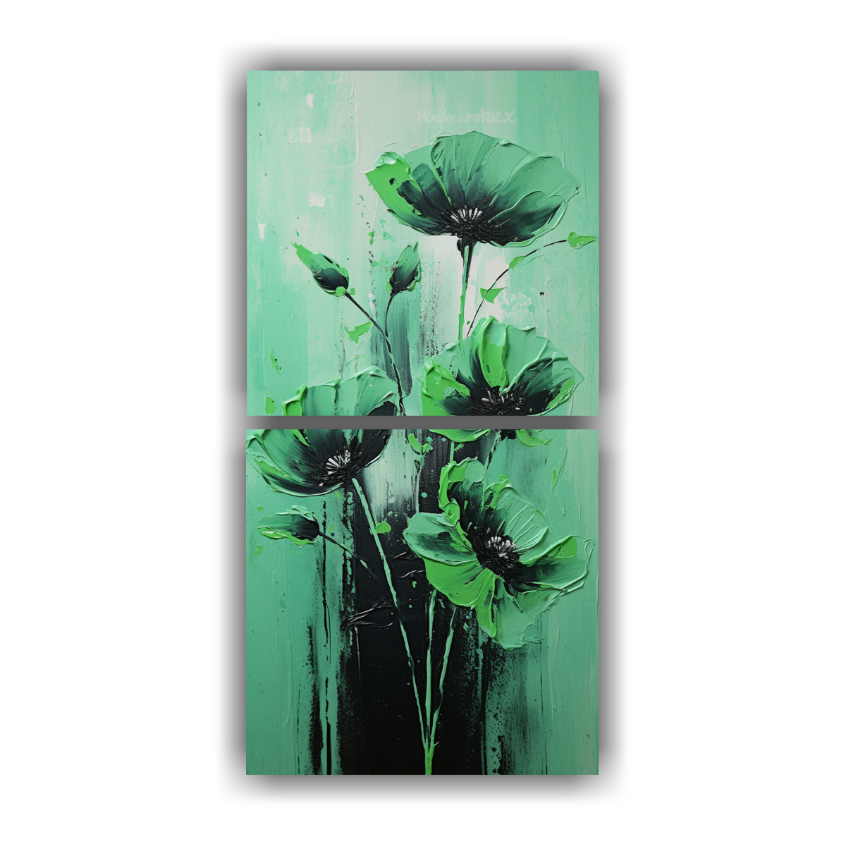 pintura-en-lienzo-de-flores-verdes-y-negras-para-decorar-el-comedor-