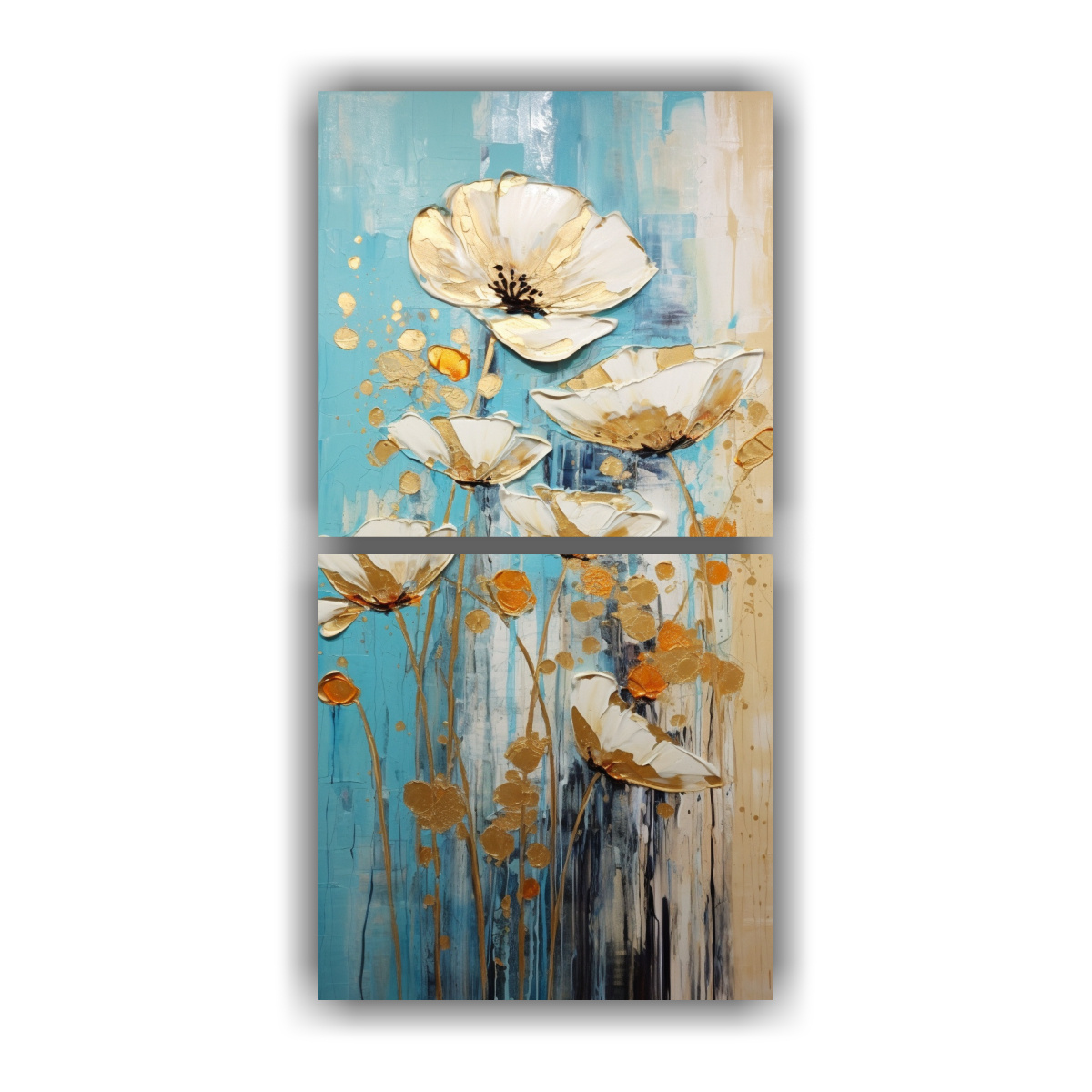 pintura-en-lienzo-dos-telas-en-bastidor-vanguardia-clasico-a-en-colores-turquesa-y-oro-con-flores