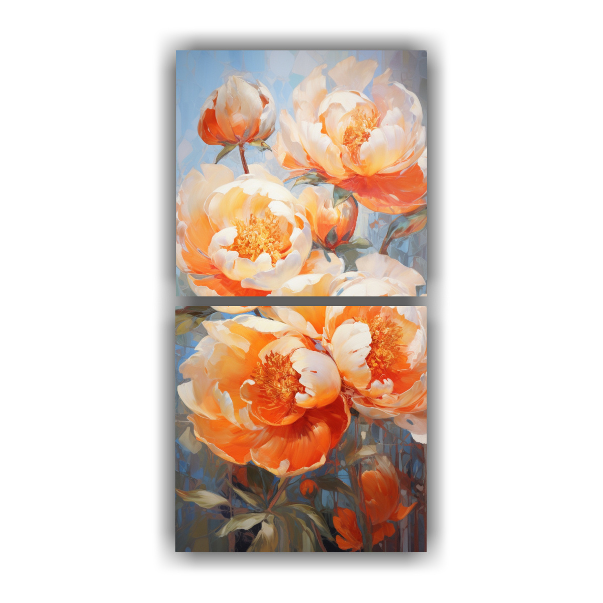 pintura-en-lienzo-estilo-bastidor-vintage-de-dos-telas-en-habitaci-n-con-peon-as-naranjas