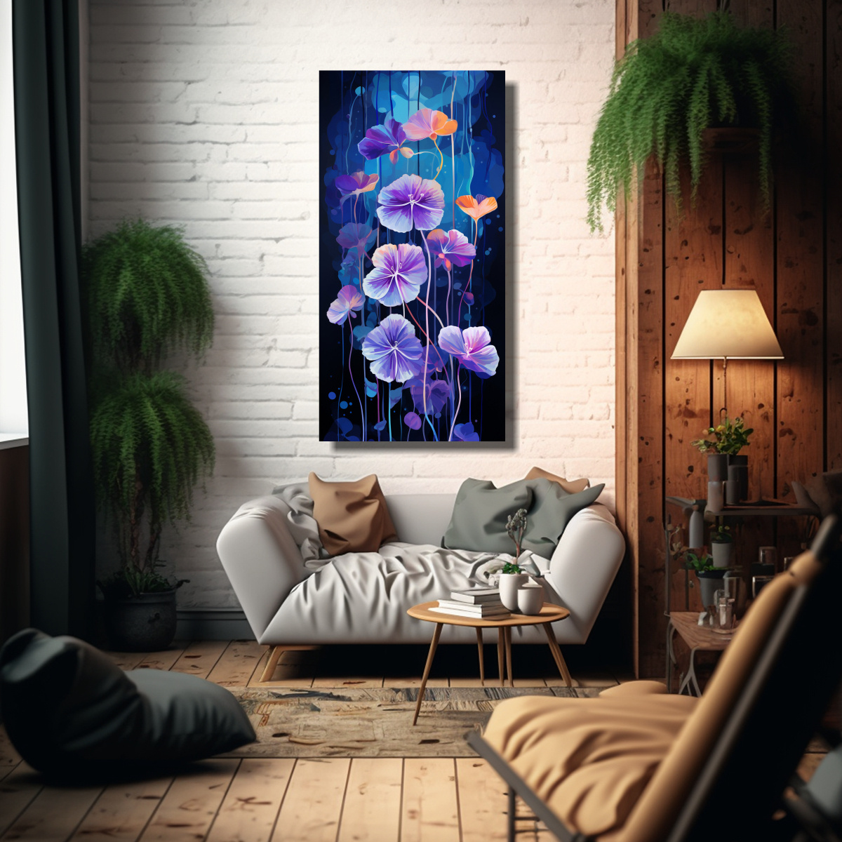 pintura-lienzo-nasturtium-en-p-rpura-con-hierbas-en-ambiente-neonoir-1-1