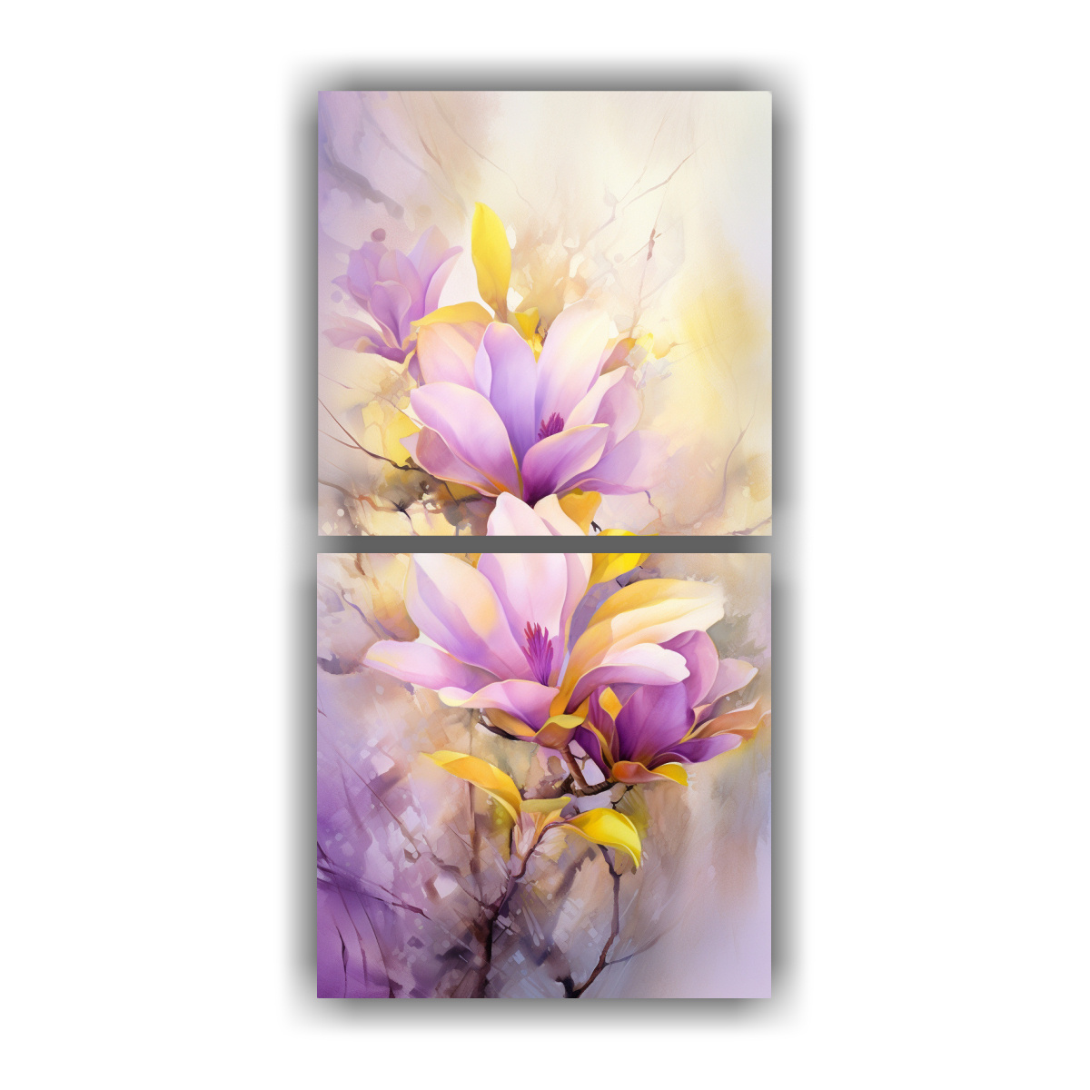 pinturas-abstractas-de-magnolias-amarillas-y-moradas-en-dos-telas
