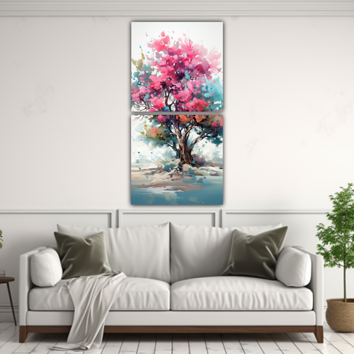 pinturas-abstractas-juveniles-en-forma-de-dos-lienzos-en-colores-oliva-y-turquesa-y-rosa-del-rbol-de-oliva-1