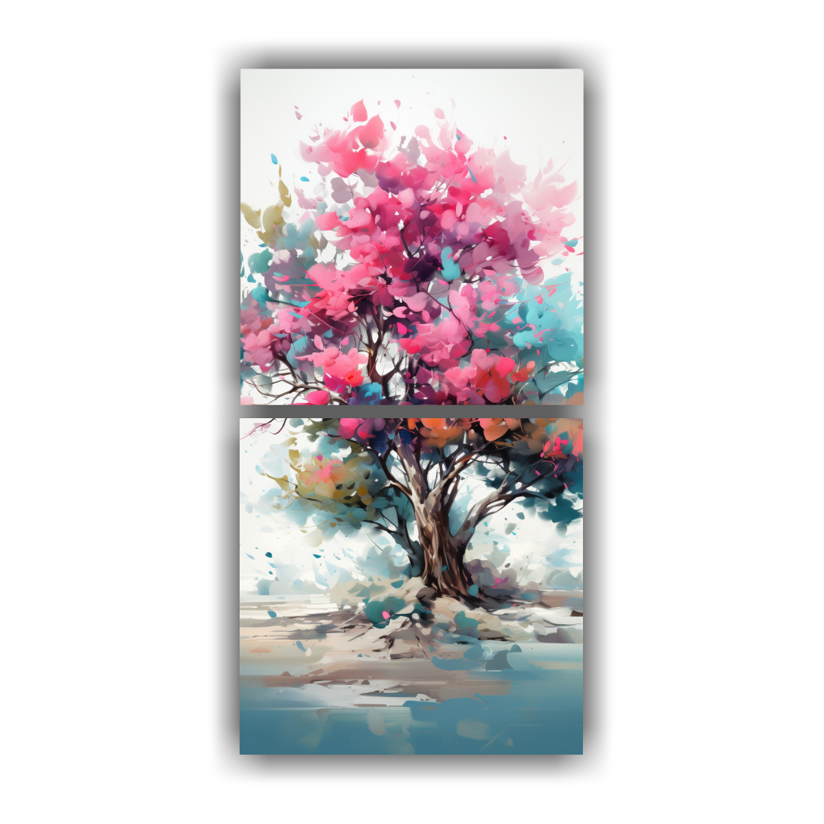 pinturas-abstractas-juveniles-en-forma-de-dos-lienzos-en-colores-oliva-y-turquesa-y-rosa-del-rbol-de-oliva