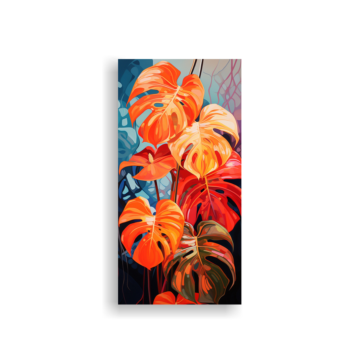 pinturas-de-decoraci-n-de-monstera-leaves-en-colores-rojo-y-naranja-con-atm-sfera-neonoir-de-vanguardia-