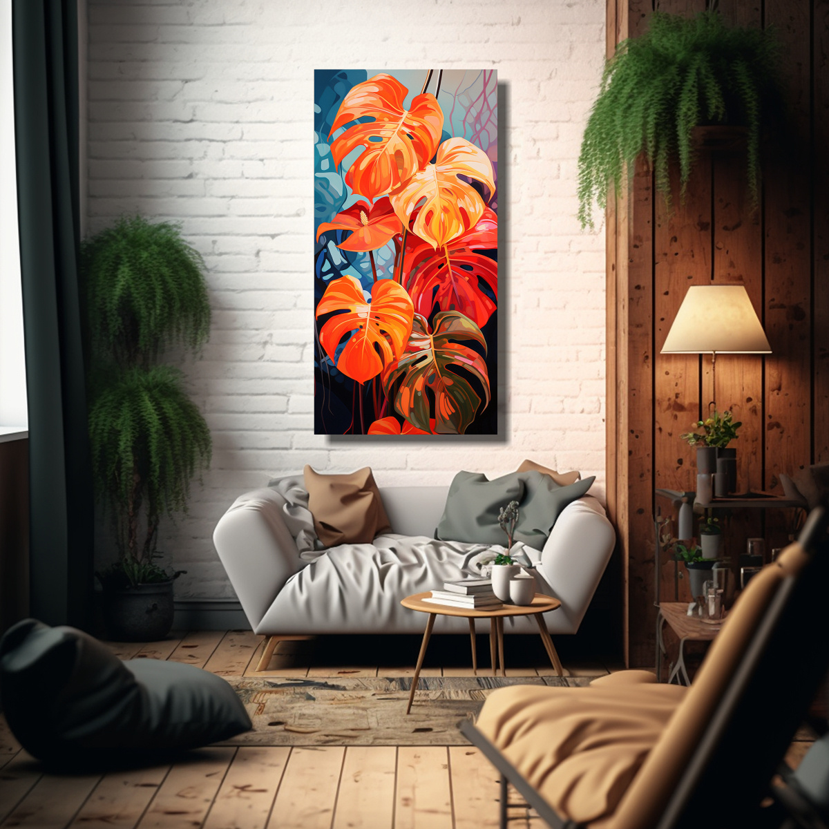 pinturas-de-decoraci-n-de-monstera-leaves-en-colores-rojo-y-naranja-con-atm-sfera-neonoir-de-vanguardia-1-1