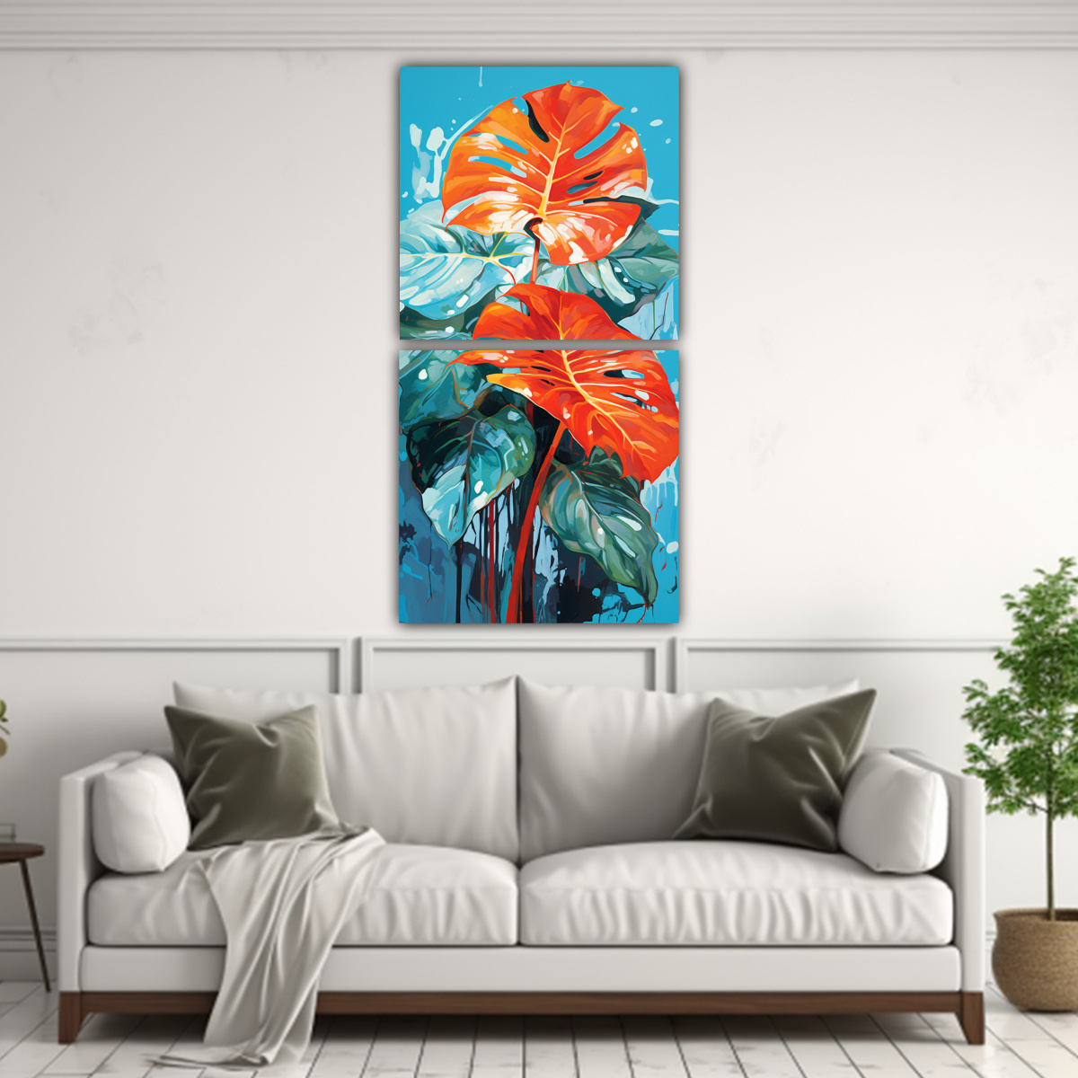 pinturas-de-decoraci-n-dos-artes-de-pared-conceptual-equilibrio-a-monstera-leaves-en-colores-rojo-y-naranja-en-atm-sfera-neonoir-1