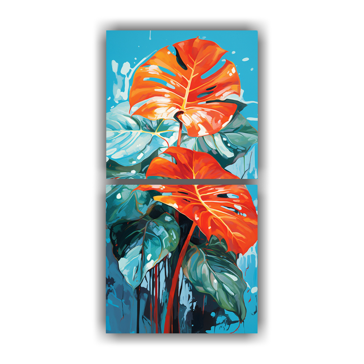 pinturas-de-decoraci-n-dos-artes-de-pared-conceptual-equilibrio-a-monstera-leaves-en-colores-rojo-y-naranja-en-atm-sfera-neonoir