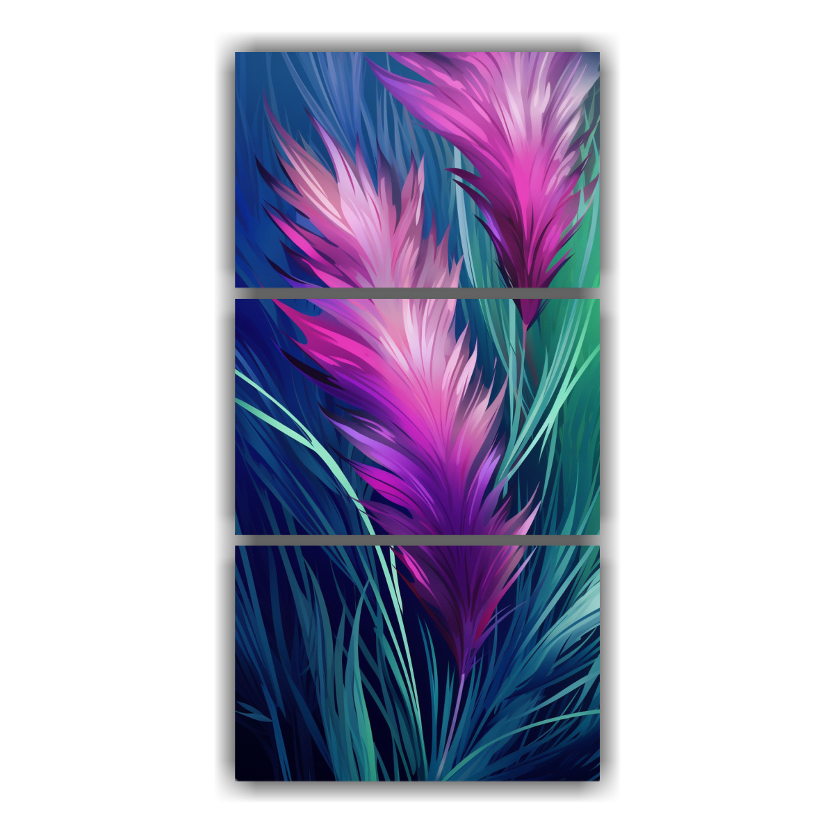 pinturas-de-tres-cuadros-tema-nico-de-pampas-grass-en-verde-y-p-rpura-neonoir