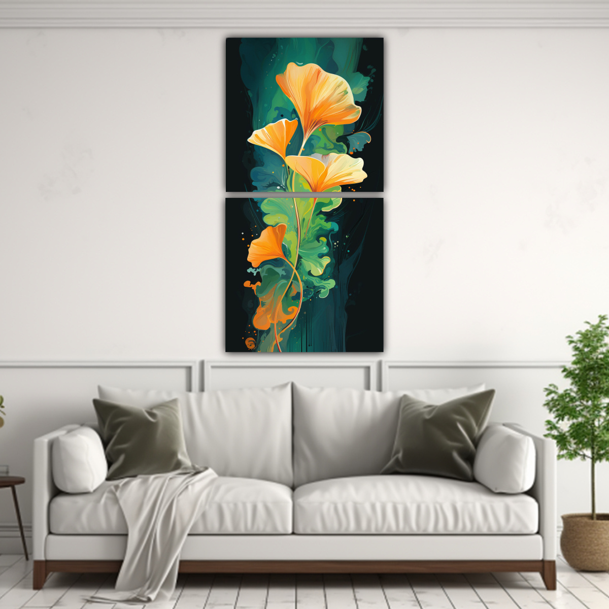 pinturas-decorativas-creativas-de-dos-lienzos-con-hojas-de-ginkgo-en-colores-verde-y-naranja-en-una-atm-sfera-neonoir-1-1