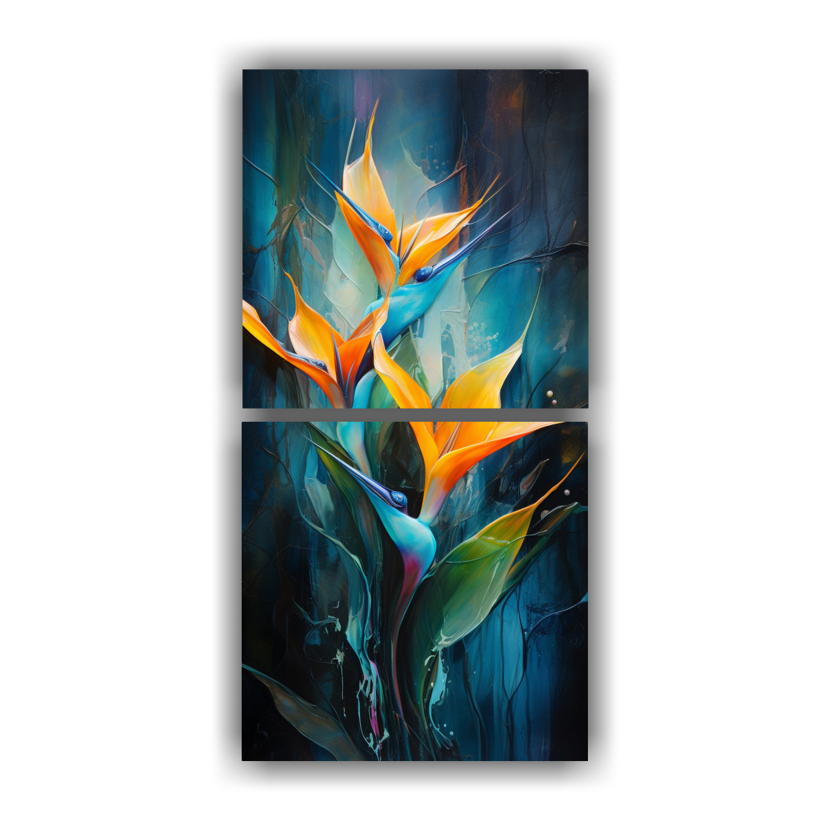 pinturas-decorativas-de-dos-composiciones-finas-l-neas-estrelladas-en-turquesa-y-negro-con-flores-ave-del-para-so