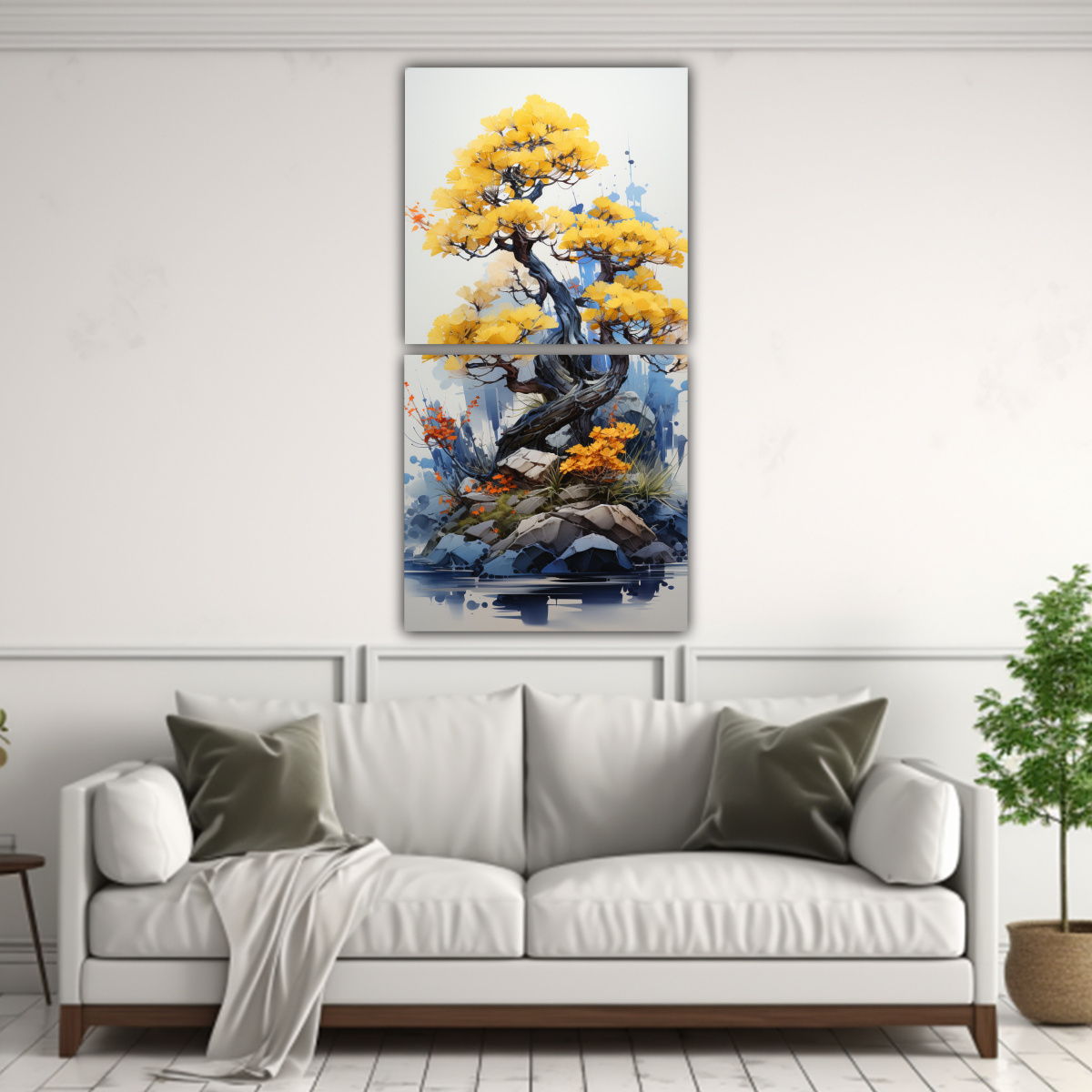 set-2-cuadro-calidos-lineales-de-pino-bonsai-rbol-colores-amarillo-y-azul-pintura-abstracta-1