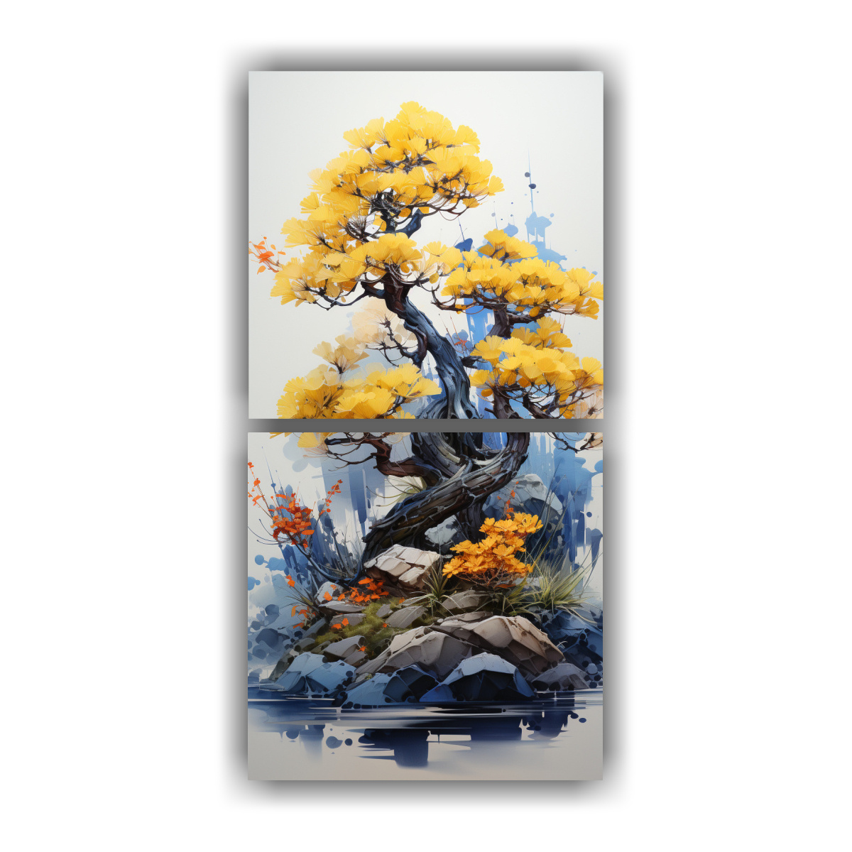 set-2-cuadro-calidos-lineales-de-pino-bonsai-rbol-colores-amarillo-y-azul-pintura-abstracta