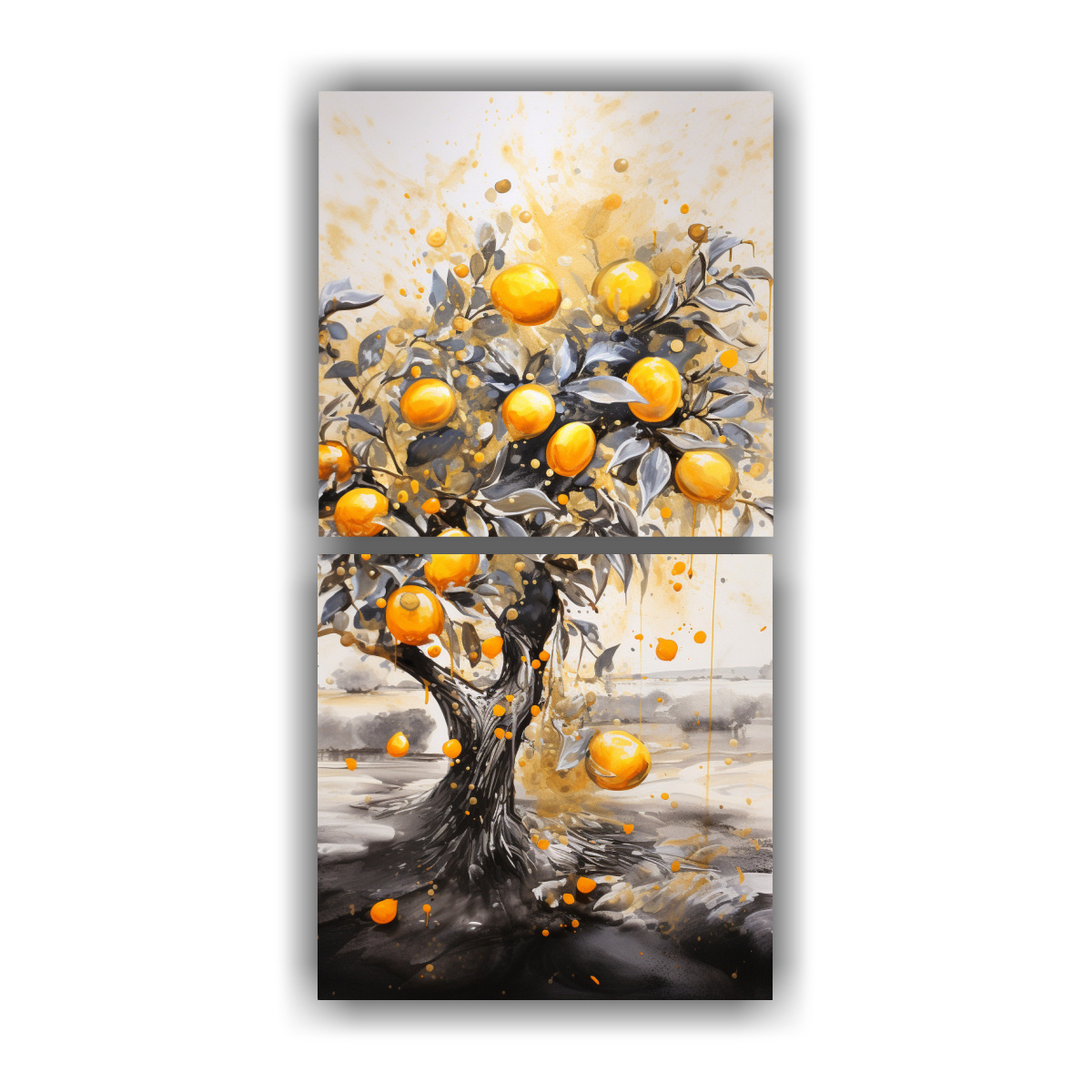 Set 2 Cuadros Abstractos Venta Salón, Árbol Naranja, Dorado Y Negro