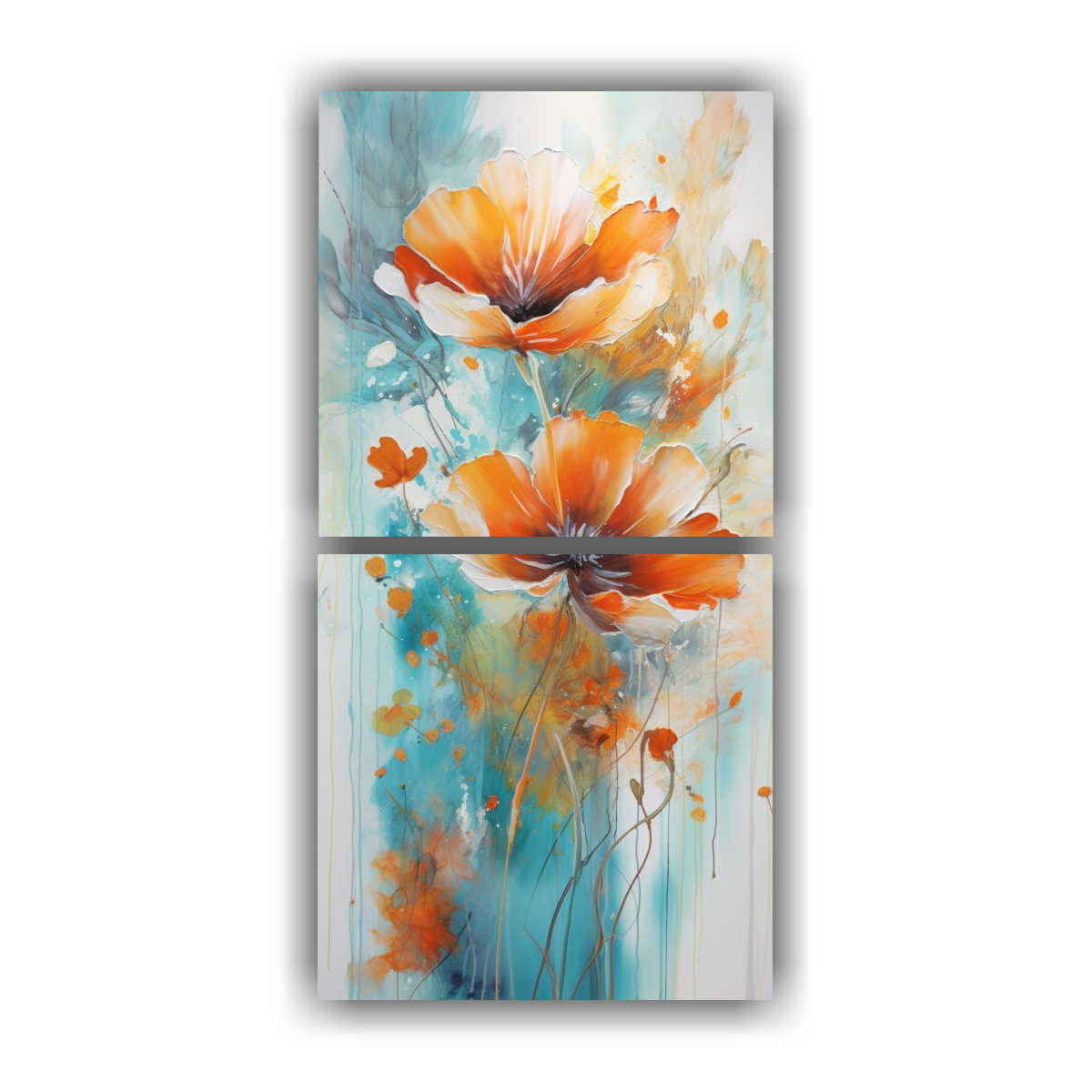set-2-cuadros-decoraci-n-estrellados-a-no-olvidar-flor-turquesa-y-naranja-abstractos