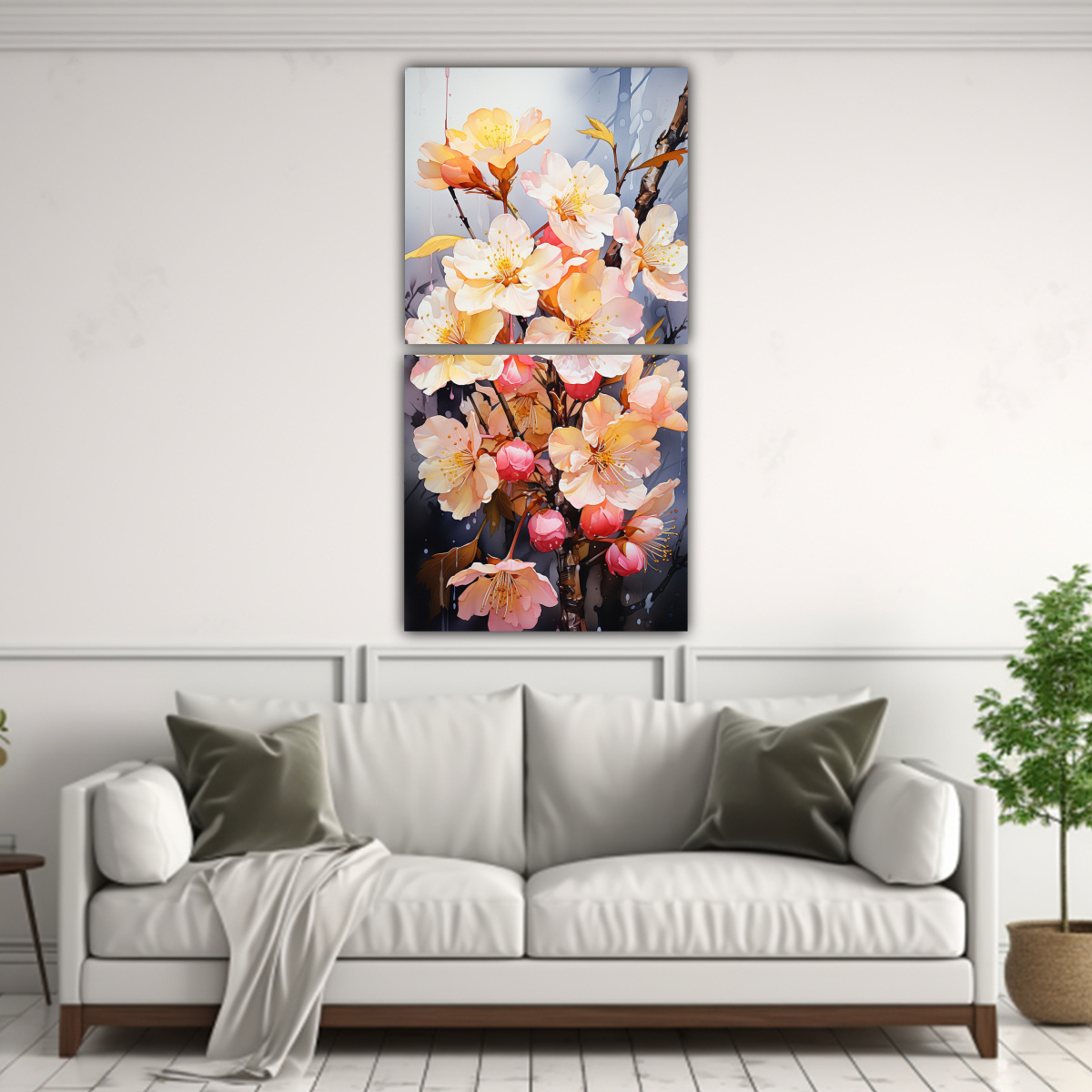 set-2-lienzos-de-tela-vanguardia-para-sala-cherry-blossom-o-sakura-amarillo-y-rosa-abstracto-1