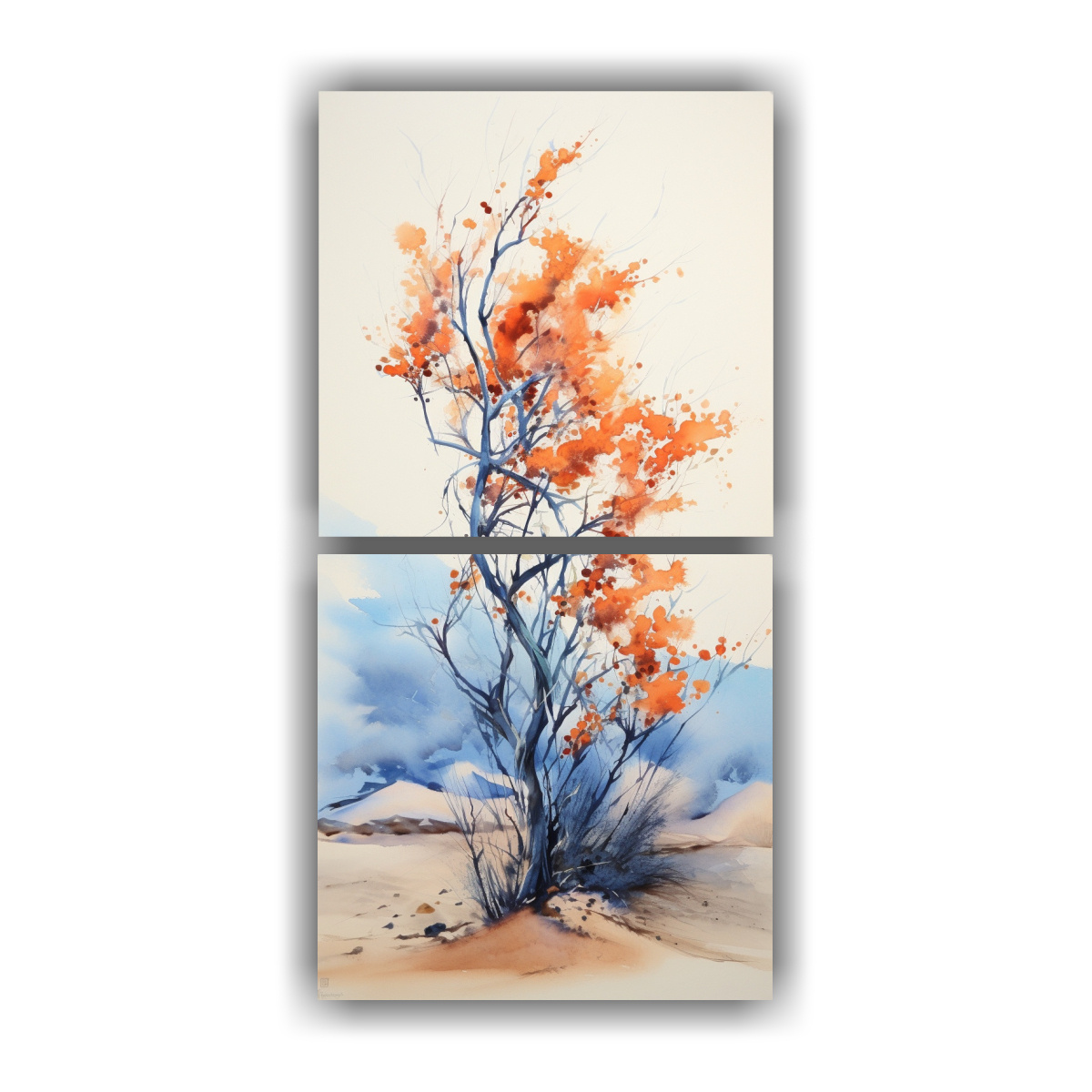 set-de-2-telas-en-bastidor-cuadro-de-representaci-n-de-rbol-de-ocotillo-en-colores-naranja-y-azul-pintura-abstracta