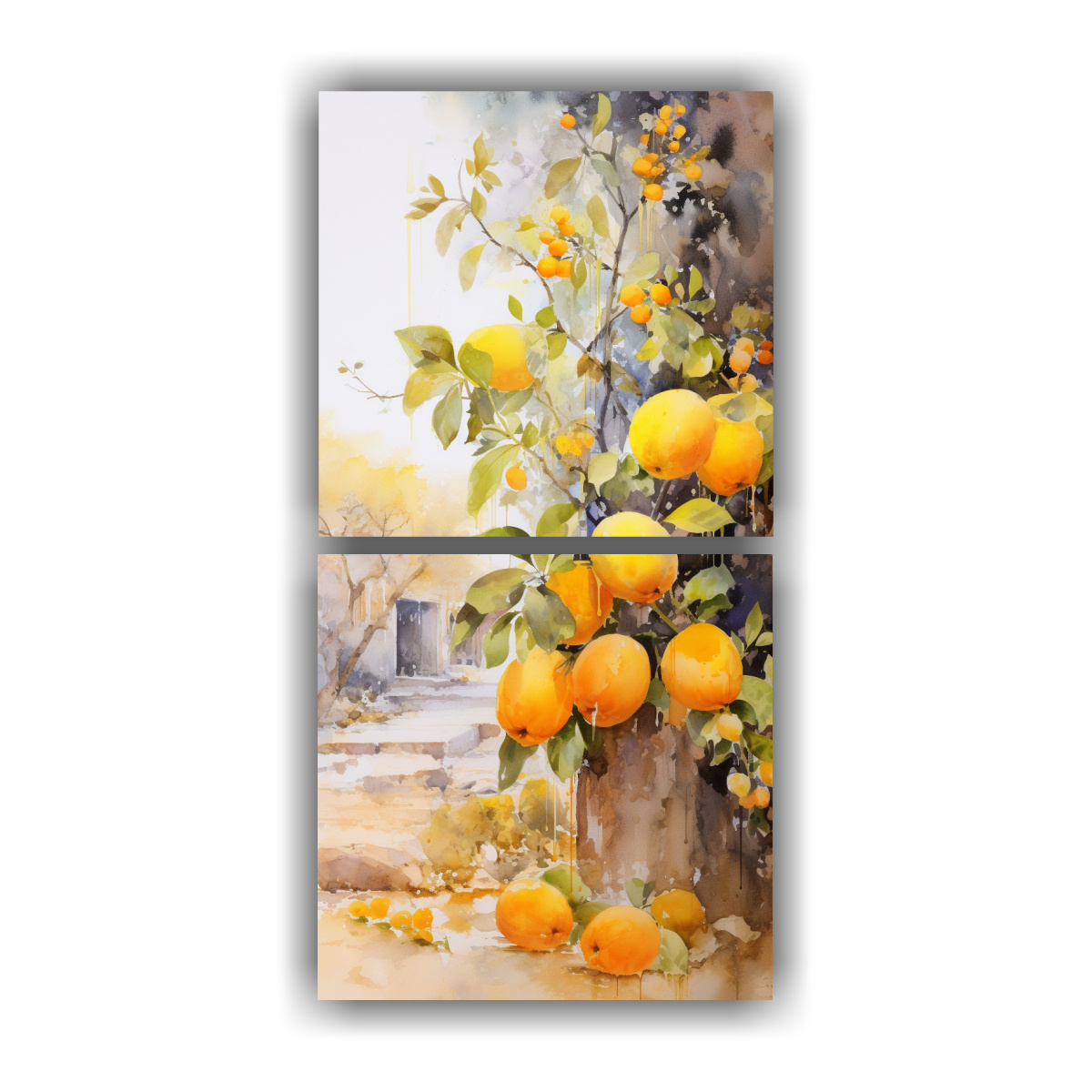 set-de-2-telas-en-bastidor-dise-o-interiores-rboles-frutales-colores-amarillos-pintura-abstracta-acuarela