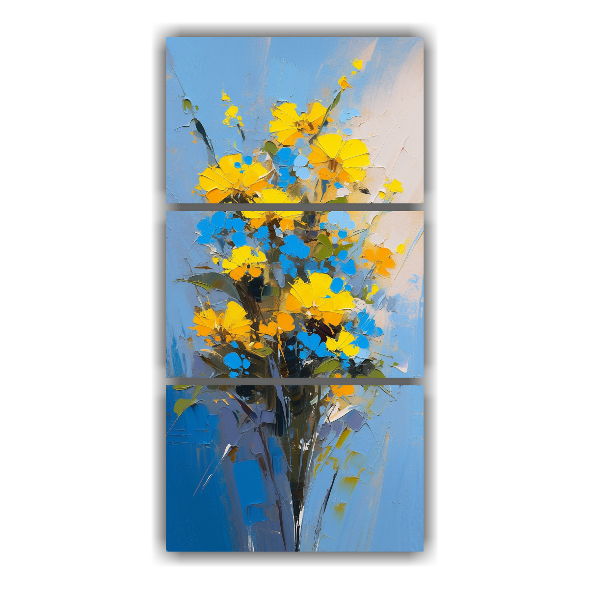 tr-ptico-de-decoraci-n-elegante-flores-amarillas-y-azules-en-lienzo