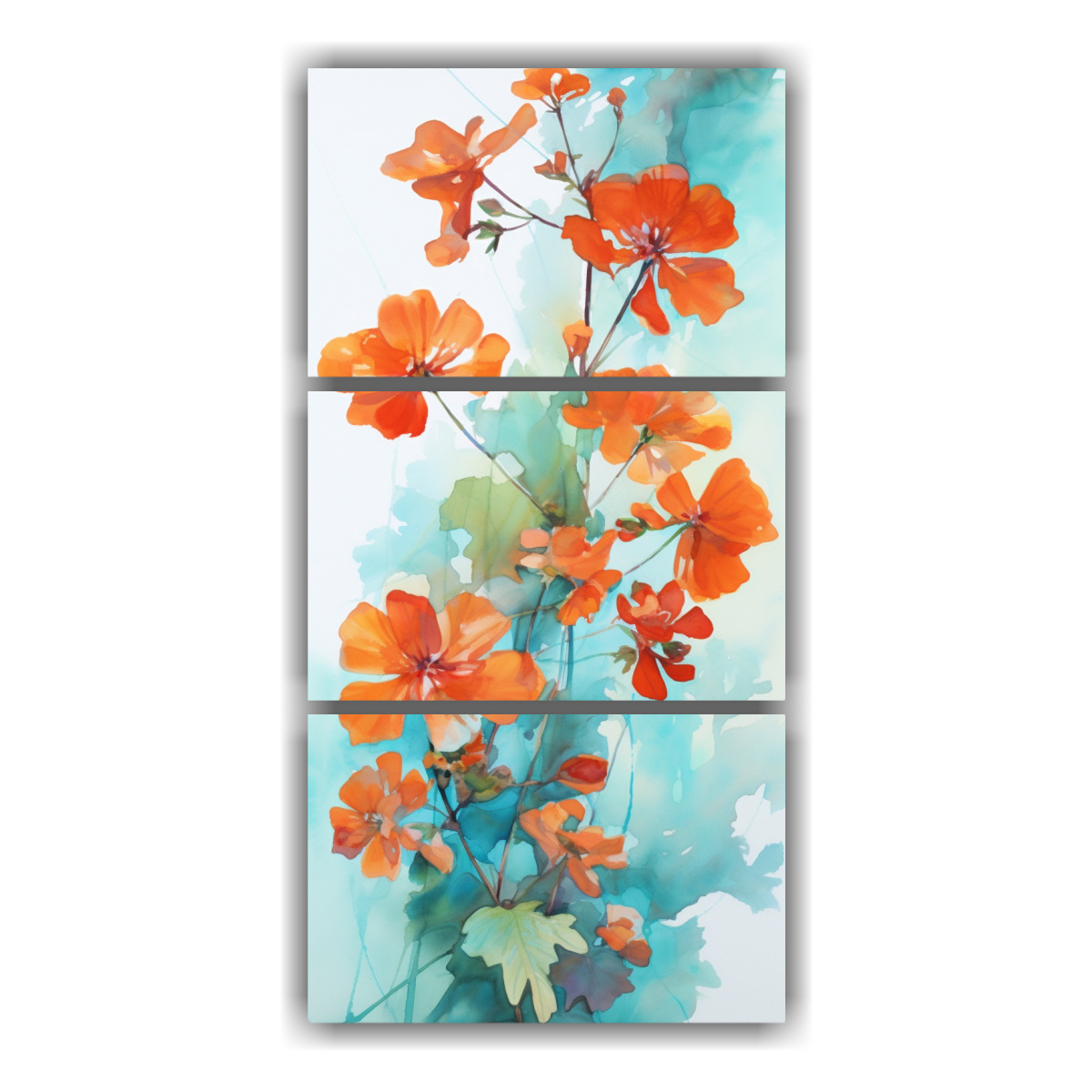 tres-cuadros-decorativos-abstractos-con-flores-geranio-en-turquesa-y-naranja