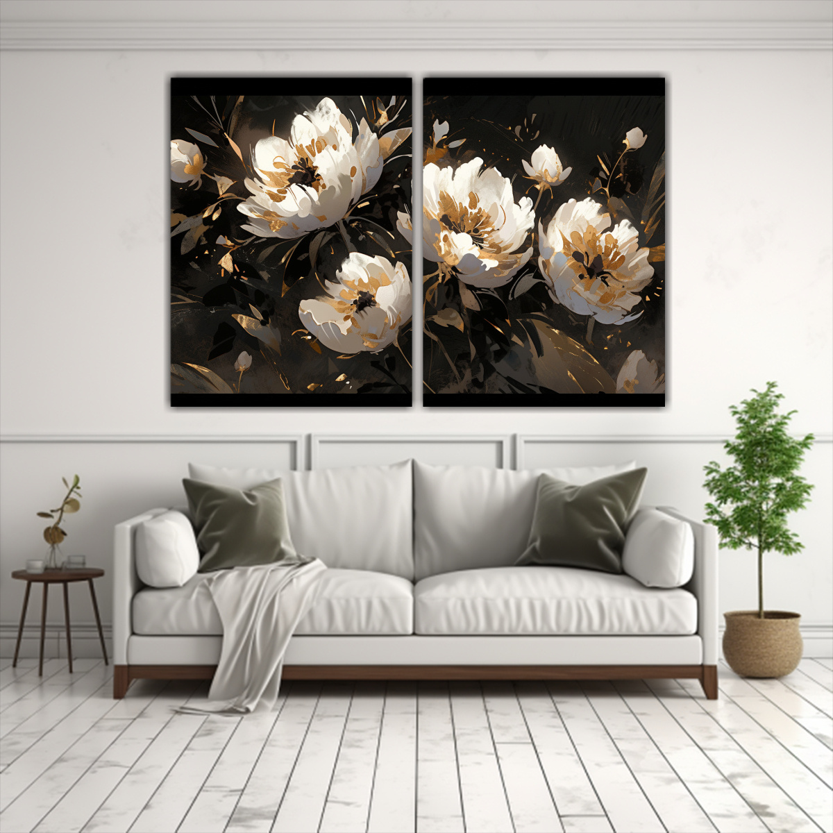 conjunto-2-lienzos-surrealistas-en-oro-y-negro-con-flores-en-lienzo-1