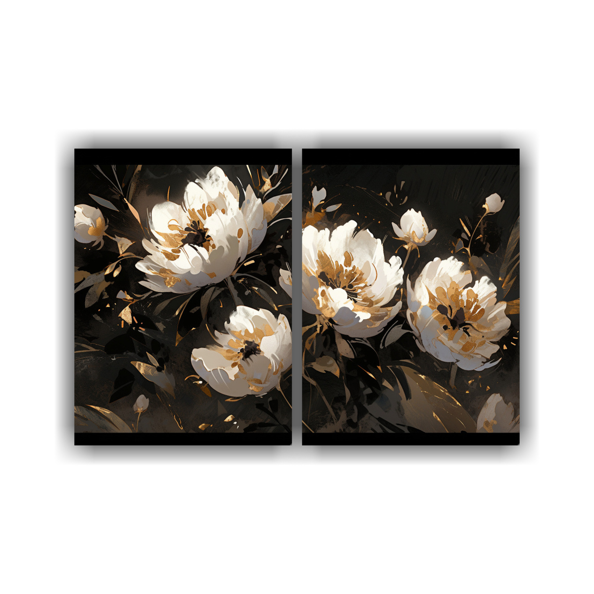 conjunto-2-lienzos-surrealistas-en-oro-y-negro-con-flores-en-lienzo