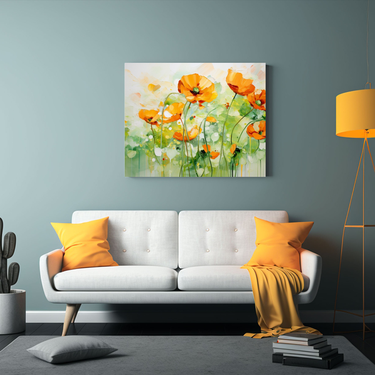 cuadro-abstracto-de-flores-de-buttercups-en-colores-verde-y-naranja-1