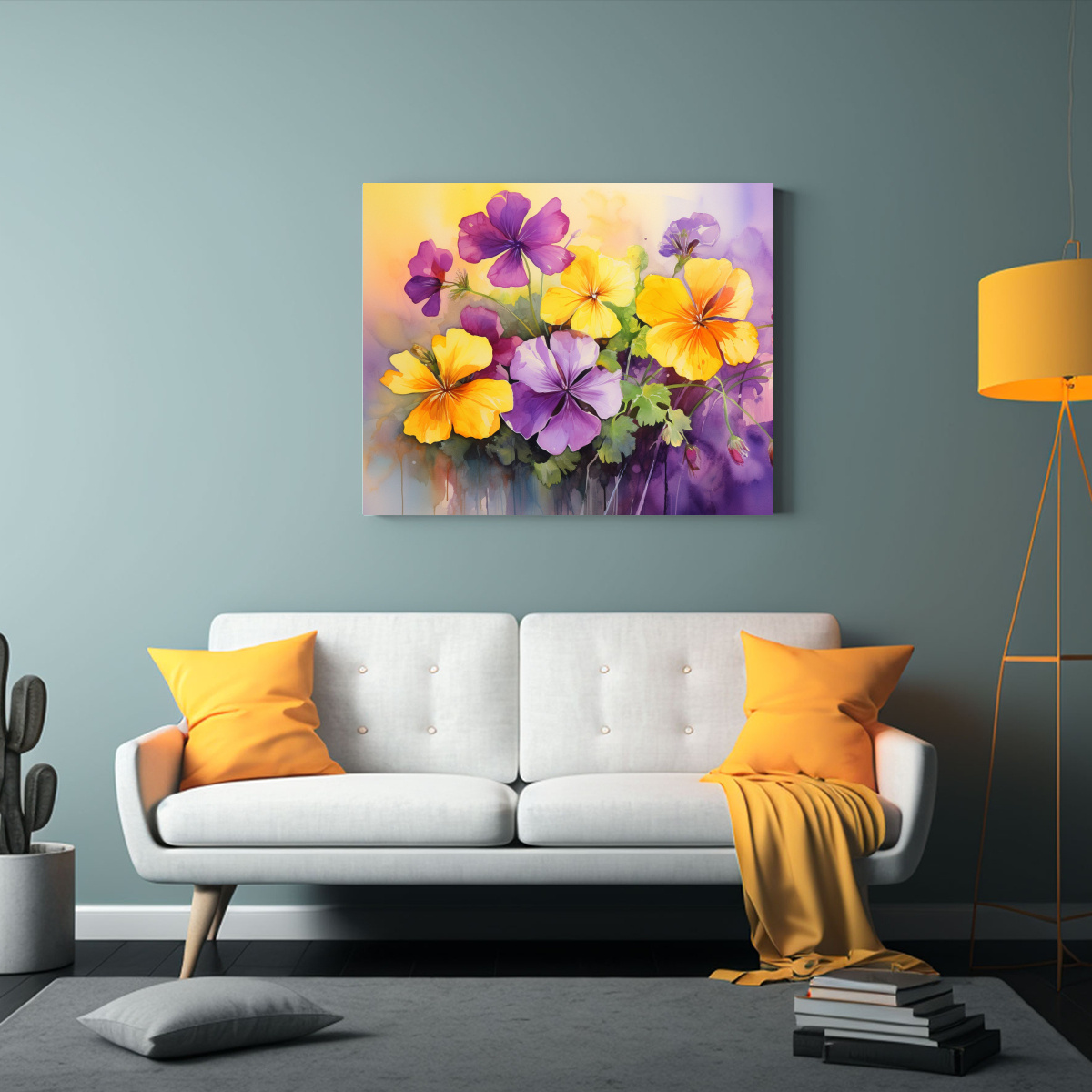 cuadros-abstractos-de-flores-geranio-amarillo-y-p-rpura-simplicidad-espectacular-1-1