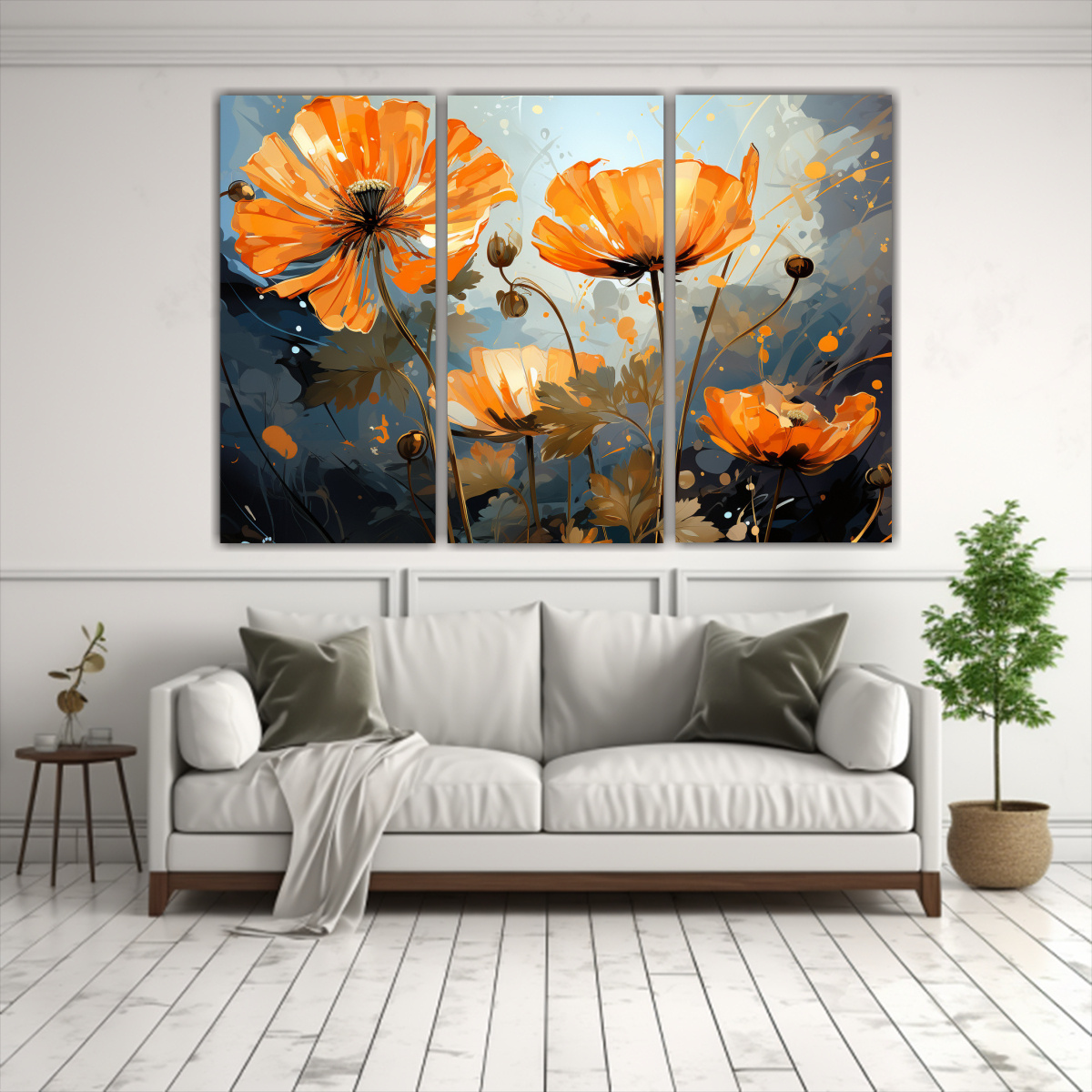 cuadros-abstractos-para-comedor-con-hierbas-de-cilantro-en-tonos-naranja-1