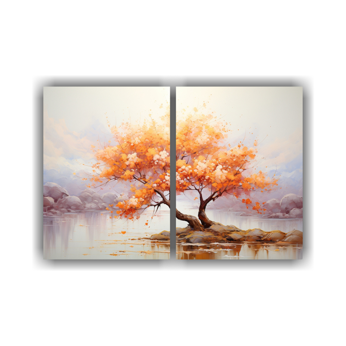 cuadros-abstractos-rbol-cerezo-en-tonos-naranja-y-dorado